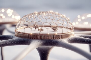 Surreal, futuristic tree enclosure with geometric dome structure