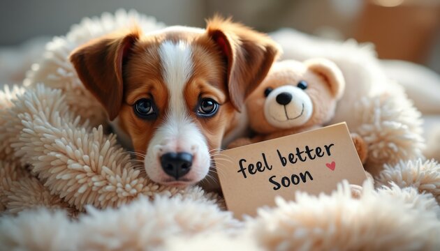 Sweet puppy rests on warm soft blanket. Dog has feel better soon card with teddy bear. This cute pet scene shows comfort, healing, friendship, and recovery. Animal brings warmth and positive wishes.