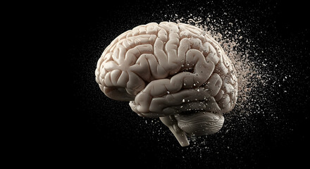 Captivating Conceptual Digital Representation of a Human Brain with Particles Exploding, Symbolizing Thought, Intelligence and Cognitive Processes