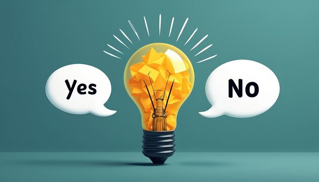 An illustration features a light bulb with glowing light and filled with creative ideas. Speech bubbles offer choices Yes or No. Idea symbolizes decision making and innovative thinking.