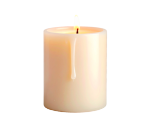Large white candle burning inside a glass container with a drop of wax slowly dripping down the edge