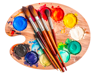 Painter’s palette with fresh green, yellow, blue, and ochre paints alongside five different brushes on a white background