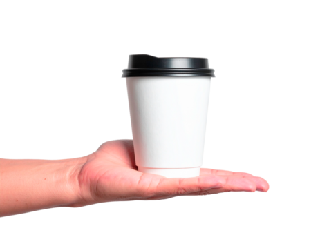 Hand supporting a white disposable cup resting on the palm against a plain white background