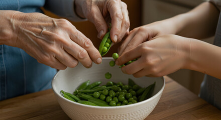 Hands of a Child and Grandparent Working Together to Shell Fresh Green Peas in a Bowl in a Cozy Kitchen Setting