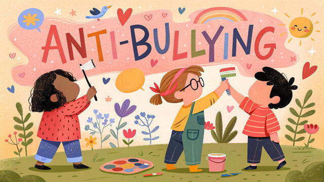 A cheerful cartoon illustration of diverse children painting an "ANTI-BULLYING" mural outdoors. Ideal for educational blogs or anti-bullying campaigns.