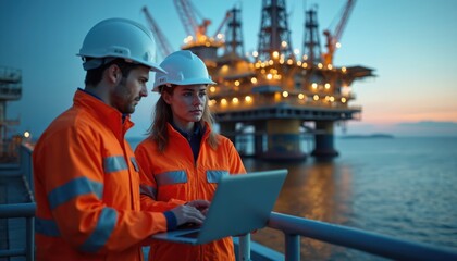 Two engineers, man, woman, wearing hard hats, orange vests, review data on laptop. Stand on offshore oil rig with complex machinery illuminated in background at dusk. Calm sea reflects platform