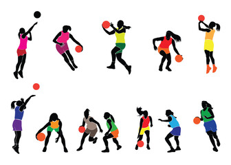 Female basketball player. Female basketball player in various poses. Female athlete. Isolated background. Vector illustration.