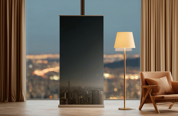 Cinematic printed banner of a new high-rise Korean apartment living room at night with city skyline view