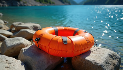 Fototapeta premium Orange life jacket rests on large rocks by clear blue lake shore. Bright sunlight reflects on the water. Safety gear for water activities is ready.