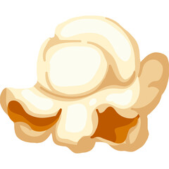 A single piece of fluffy popcorn with golden brown kernels visible in the center on a transparent background isolated vector illustration