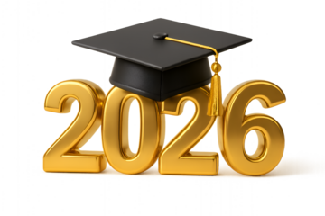 Golden 2026 graduation year with black academic cap education success concept