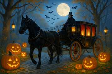Vintage horse carriage under full moon with glowing jack o lanterns halloween night scene