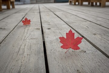 Fallen red maple leaves scattered on weathered grey wooden boards