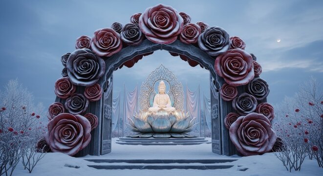 Serene Buddha Figure Under Rose Archway in Snowy Winter Scenery