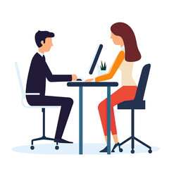Business meeting interaction between man and woman sitting at office desk with computer in flat minimalist style vector illustration