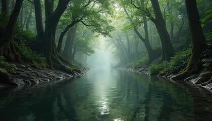 Calm river flows through dense green forest. Sunlight beams through misty air creating serene reflections on water. Lush trees with exposed roots line rocky shores.