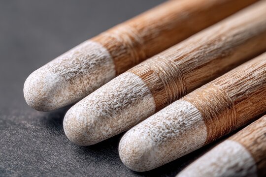 Close-up on four pool cues, angled with white tips, showing the textured wood and gray surface