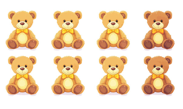 Set of eight identical cute brown teddy bears with yellow bow sitting facing forward isolated on white background flat vector illustration collection for children toy design