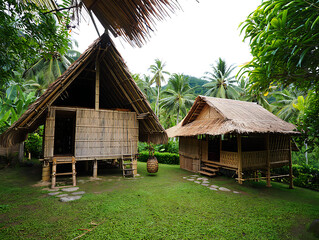 Traditional Tropical Huts Constructed From Bamboo and Thatch Under Lush Greenery and Swaying Palm Trees in a Serene Rural Village Setting