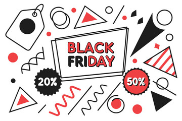 Black friday sale promotion with geometric shapes including triangles circles lines and discount percentages