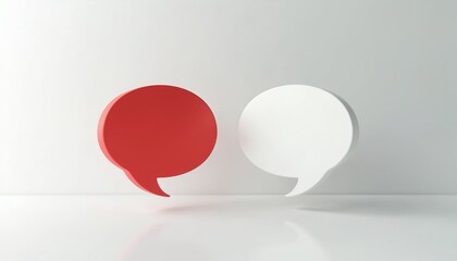Red and white speech bubbles float in empty space. These shapes symbolize communication, conversation, and dialogue between entities in a minimalist setting.