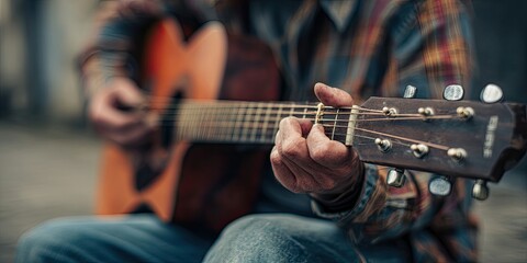 Fototapeta premium Close-up shows a musician playing an acoustic guitar, with hands on strings