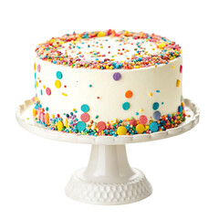 A festive white cake decorated with colorful sprinkles and polka dots, isolated on a transparent background