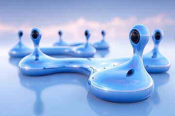 Glossy blue entities on a reflective surface, sky background