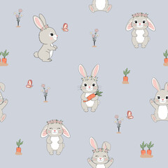 Obraz premium Bunny with crown and carrot seamless pattern. Hand-drawn cartoon style. Grey background.