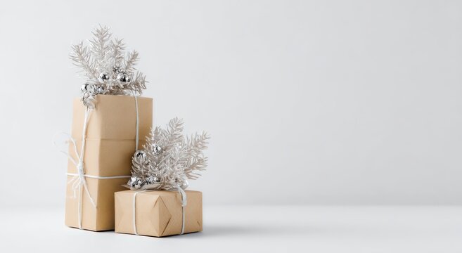 Holiday Gifts with Sparkling Flair: A festive arrangement of elegant gift boxes wrapped in natural kraft paper, adorned with shimmering silver ornaments and delicate decorative accents. Generative Ai