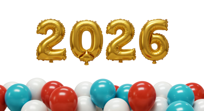 Golden 2026 Balloons with Red, White, and Blue Celebration Balloons on White Background