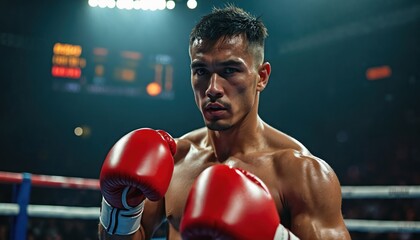 Fighter with red gloves stands ready in boxing ring. Man shows intense focus and athletic power during match. This pro boxer prepares for combat.