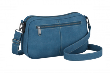 Blue denim crossbody bag with silver zipper and adjustable strap transparent background shoulder