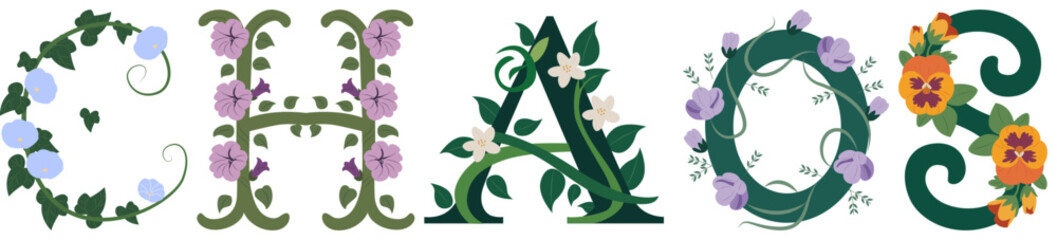 CHAOS, Elegant Floral Alphabet Print Vector
