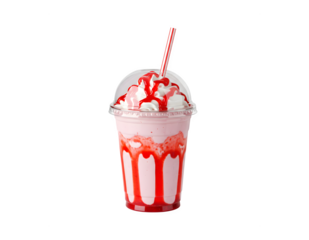 Strawberry milkshake served with sauce in a takeaway cup, isolated against a white background, complete with a clipping path.

