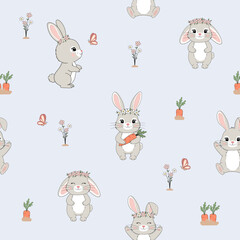 Fototapeta premium Bunny with crown and carrot seamless pattern. Hand-drawn cartoon style on light grey background