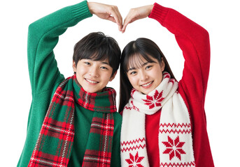 Two People in Festive Winter Clothing Forming a Heart Shape with Raised Arms on White Background