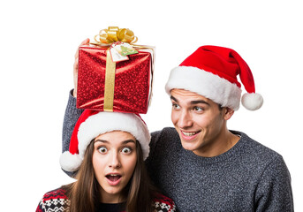 Two People in Santa Hats Sharing a Playful Gift Moment on White Background