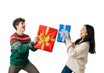 Two People Exchanging Colorful Holiday Gifts with Joyful Expressions on White Background