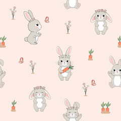 Obraz premium Bunny with crown and carrot seamless pattern. Hand-drawn cartoon style on pastel peach background.