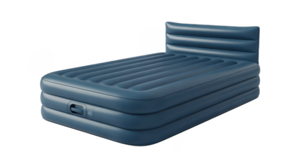 Blue inflatable air mattress with built in headboard and transparent background black background