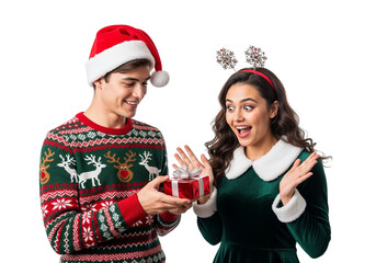 Festive Gift Exchange Between Two People in Christmas Outfits on White Background