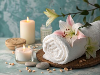 Rolled Towels and Spa Candles with Lily Flower Decoration