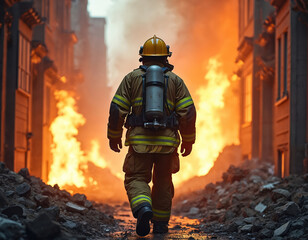 Fototapeta premium Firefighter walks into burning building. Flames engulf cityscape. Heroic responder faces danger, smoke fills the air. Man in protective suit enters collapsed structure.