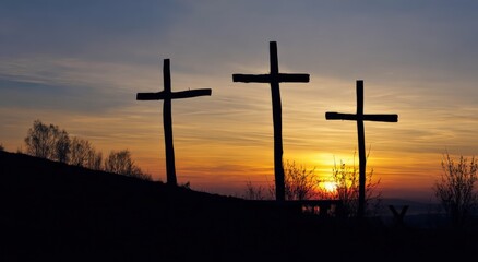 Three Crosses Silhouette at Sunset: Three crosses stand silhouetted against a vibrant sunset, evoking a sense of solemnity, reflection, and spiritual significance. Generative Ai