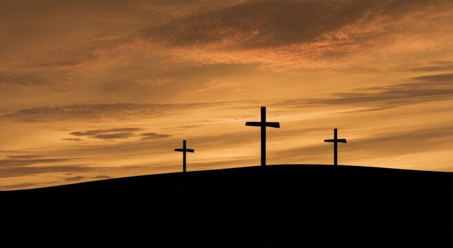 Three Crosses Silhouette on Hill: This image portrays a serene scene of three crosses silhouetted against a dusky sky, with warm hues. The composition evokes themes of faith,  Generative Ai