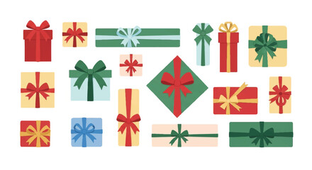 Flat 2D vector illustration of variously wrapped Christmas presents and bows in red, green, and gold on a white background, ideal for holiday designs.