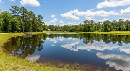 Obraz premium Scenic tranquil pond reflecting cumulus clouds and lush forest, landscape
