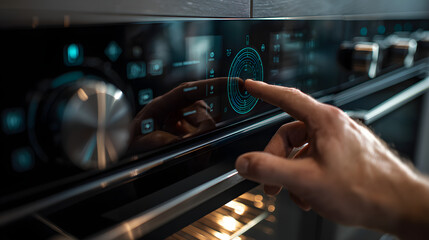 Modern Kitchen Control: A close-up shot of a hand interacting with a modern oven control panel, highlighting the intuitive interface of smart home technology.