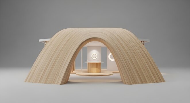 Stunning modern exhibit booth design featuring light wood and minimalist details for trade shows, product launches, and sophisticated brand experiences